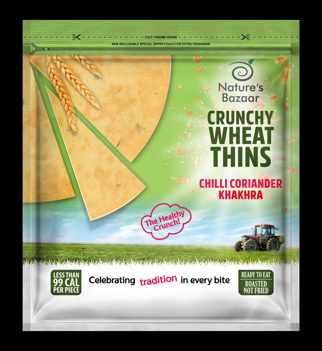 Nature’s Bazaar Crunchy Wheat Thins – Chilli Coriander Khakhra (Roasted, Not Fried)