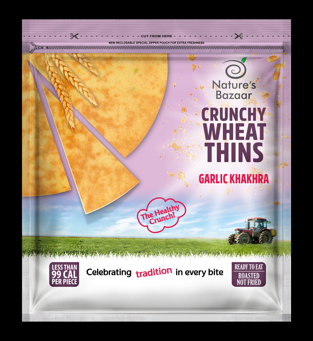 Nature’s Bazaar Crunchy Wheat Thins – Garlic Khakhra (Roasted, Not Fried)