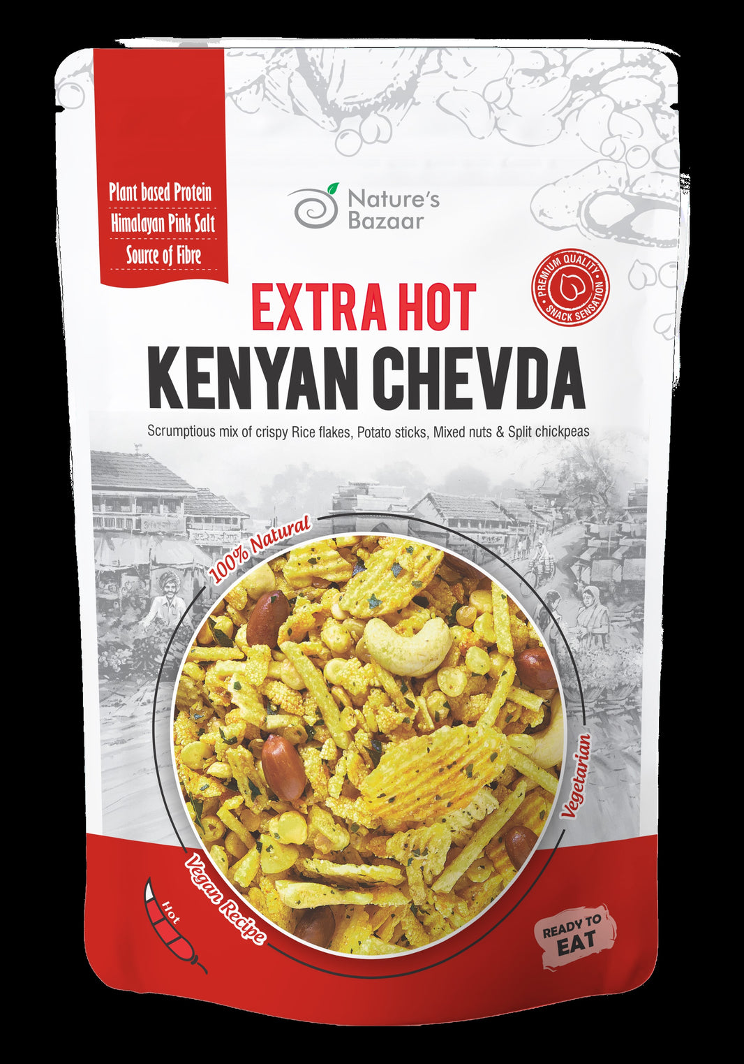 Nature’s Bazaar Kenyan Chevda | Extra Hot | Spicy Snack Mix with Rice Flakes, Potato Sticks & Nuts | 100% Natural & Vegan