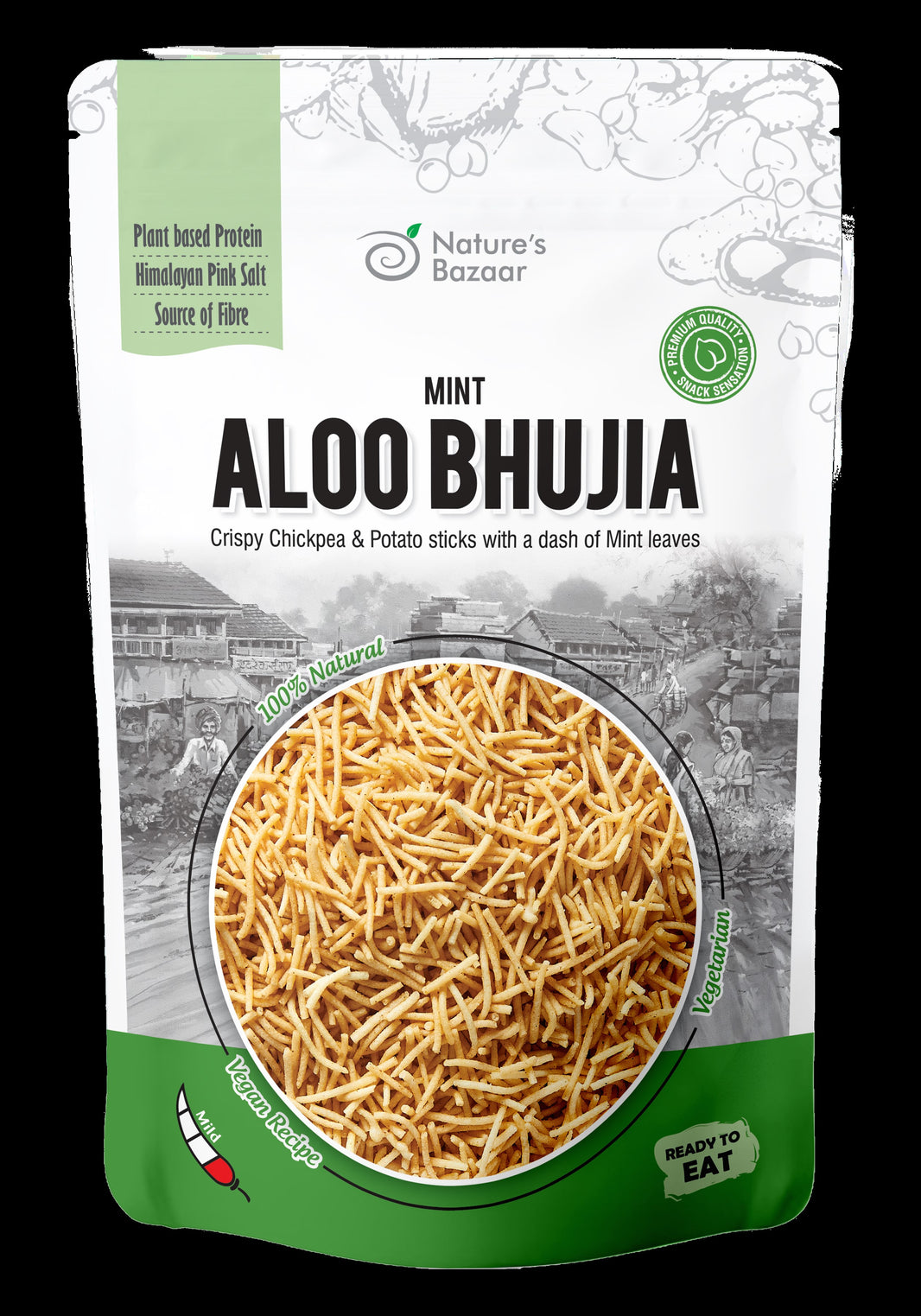 Nature’s Bazaar Mint Aloo Bhujia | Crispy Potato & Chickpea Sticks Infused with Fresh Mint | 100% Natural & Vegan Snack