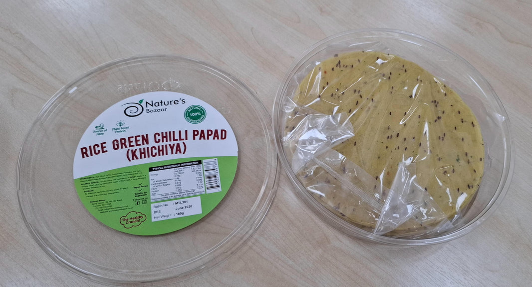 Nature’s Bazaar Rice Green Chilli Papad (Khichiya) –  7 Inch 180g | 100% Natural | Spicy & Crunchy Delight